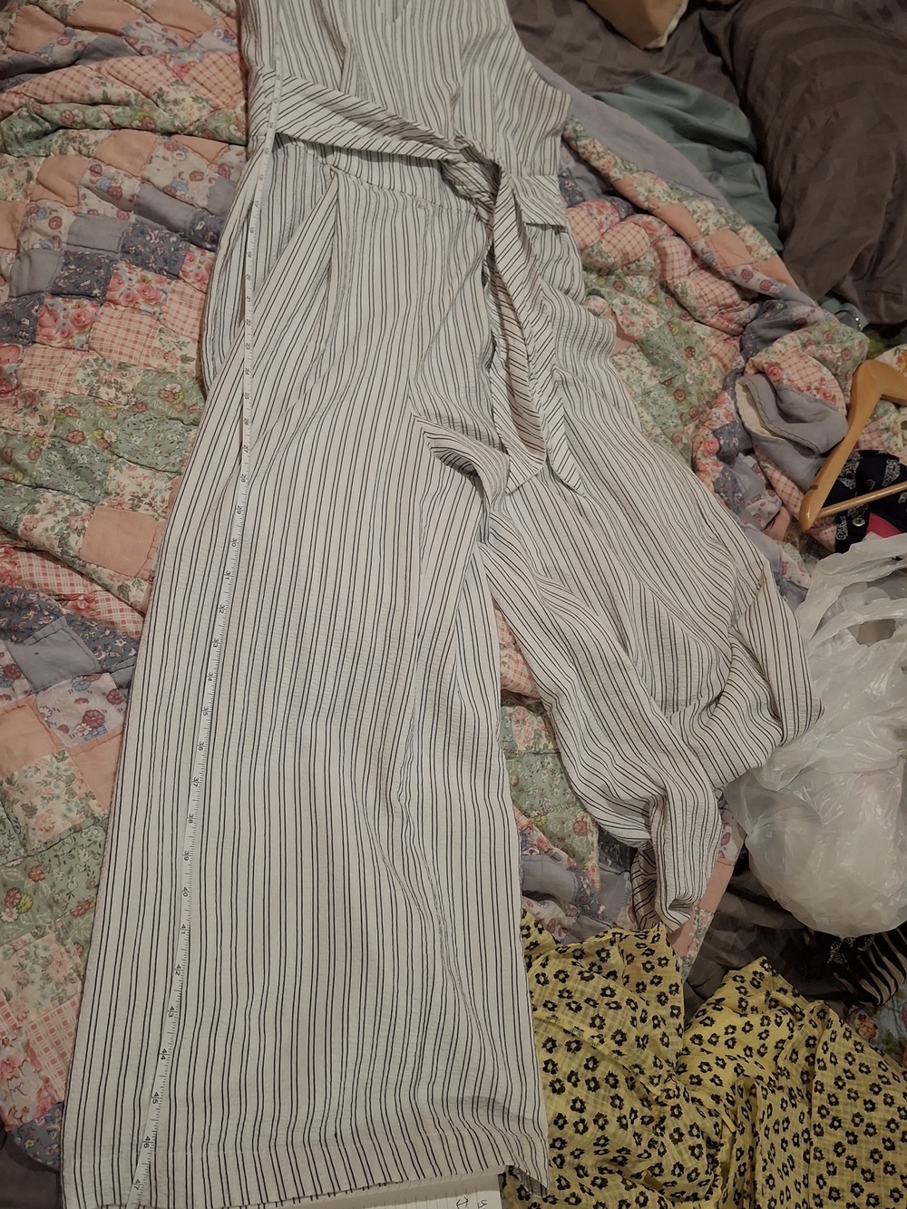Calvin Klein Striped V-Neck Tie-Waist Cropped Jumpsuit in Beige and White - Picture 11 of 16